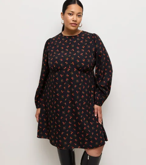 Women's Plus Size Black Ditsy Print Crepe Mini Dress Curves
