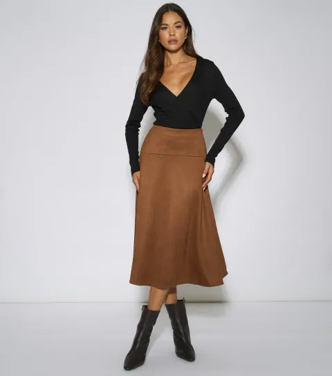 Gini London Women's Tan Faux Suede A Line Midi Skirt