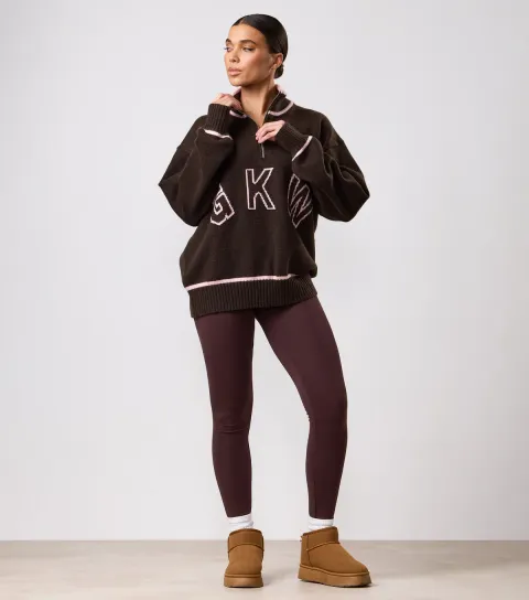 Women's Brown Knock Out Knitted Funnel Neck Jumper