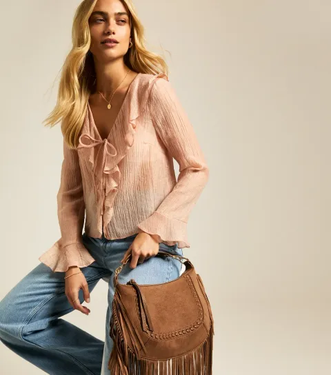 Women's Light Pink Ruffled Tie Neck Blouse