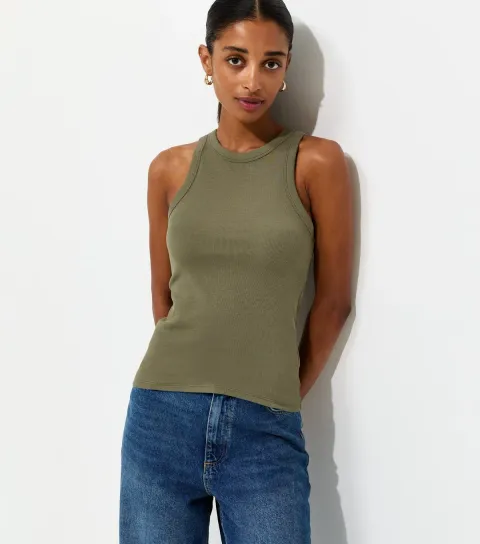 New Look Women's Dark Khaki Cotton Rich Racer Back Ribbed Vest Top