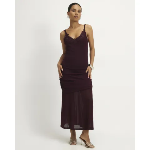 River Island Petite Burgundy Lace Trim Drape Midi Dress