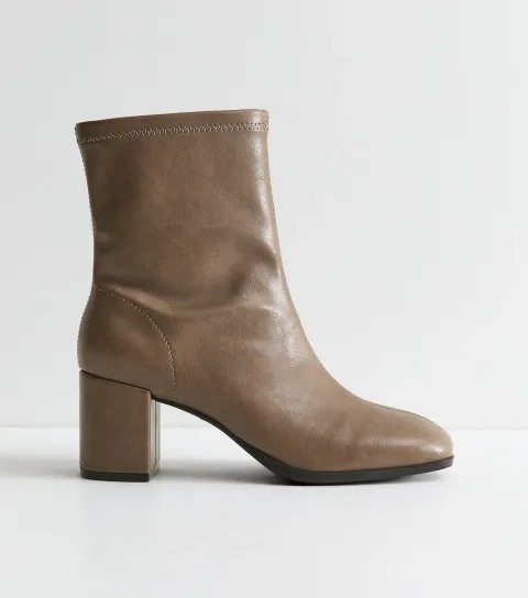 Women's Light Brown Faux Leather Sock Block Heel Ankle Boots Vegan