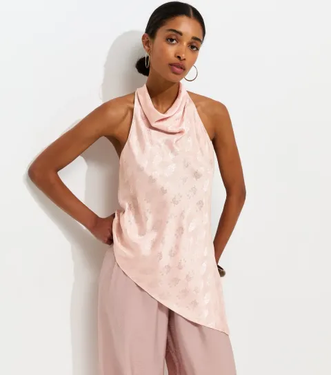 Women's Light Pink Satin Jacquard Cowl Neck Asymmetric Top