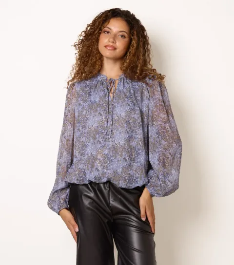 Women's Blue Chiffon Tie Neck Blouse