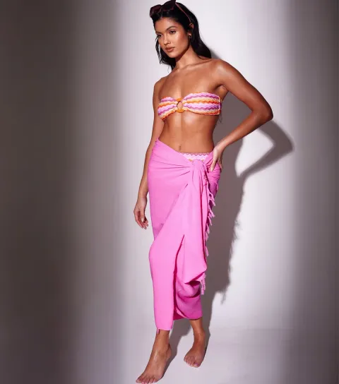 Women's Pink Crinkle Texture Fringed Sarong
