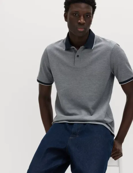 Marks & Spencer Ultimate Tipped Pique Polo Shirt Navy Marl