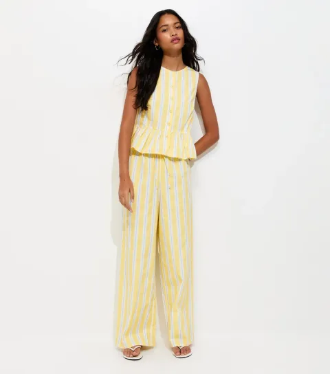 Women's Yellow Striped Poplin Wide Leg Trousers