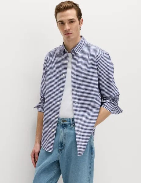 Marks & Spencer Ultimate Pure Cotton Check Oxford Shirt Navy Mix