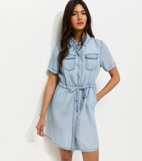Women's Light Blue Lightweight Denim Shirt A line Mini Dress