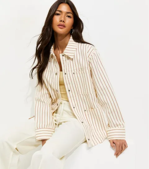 Women's Cream Stripe Longline Cotton Shacket