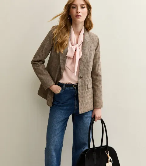 Women's Brown Checked Single Breasted Blazer