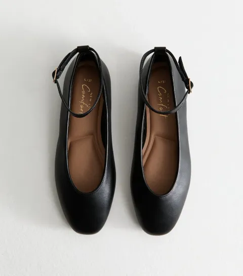 New Look Women's Black Faux Leather Ankle Strap Ballet Flats Vegan