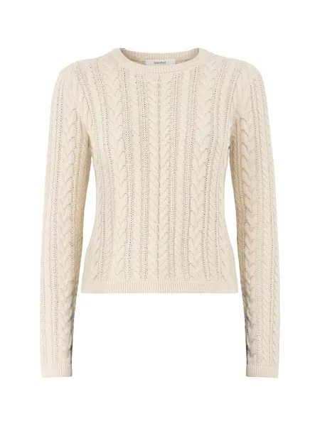 Selected Organic Cotton Braun Cable Knit Crew Neck Jumper