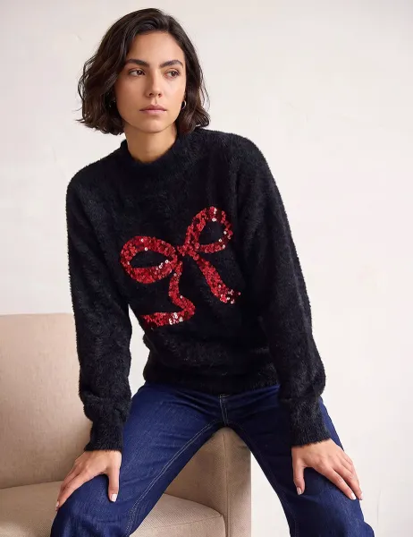 Roman Sequin Funnel Neck Bow Detail Jumper Black Mix