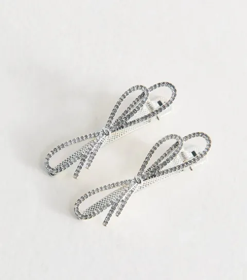 New Look Pack Of 2 Silver Diamante Bow Hair Slides