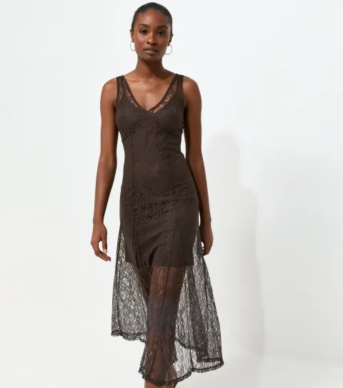 Women's Dark Brown Lace Sleeveless V-Neck Midi Dress