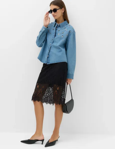 Marks & Spencer Embellished Denim Collared Shirt Denim