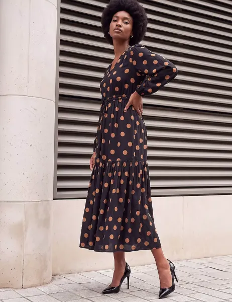 Roman Polka Dot V Neck Tie Waist Midi Dress Black