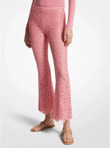 Michael Kors Hand-Embroidered Sequin Floral Lace Cropped Pants