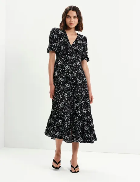 Finery London Floral Button Through Tiered Midi Tea Dress Black Mix