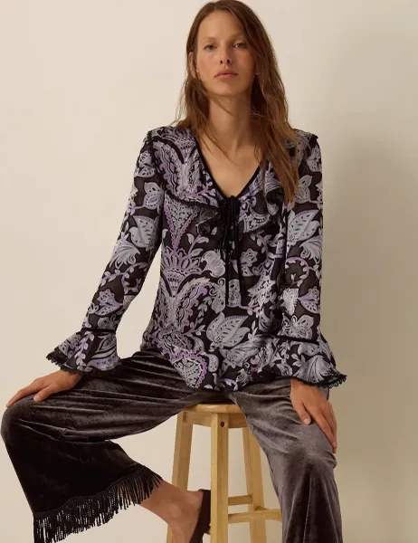Monsoon Printed Long Sleeve V Neck Blouse Black Mix