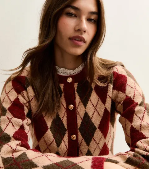 Women's Red Argyle Long Sleeve Knit Cardigan