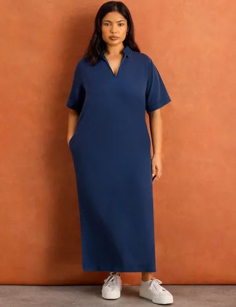 Live Unlimited London Pure Lyocell V-Neck Midaxi Shirt Dress Blue
