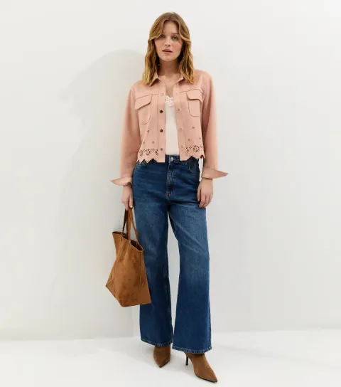 Women's Pale Pink Cutwork Faux Suede Shacket