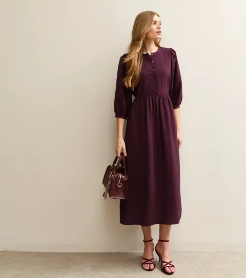 Women's Dark Burgundy Buttoned Cropped Sleeve Midi Dress