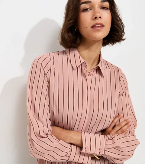 Women's Pink Striped Concealed Button Long Sleeve Shirt