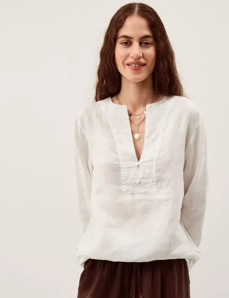 Monsoon Pure Linen V-Neck Top White