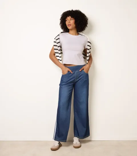 Women's Blue Denim Effect Side Stripe Trousers
