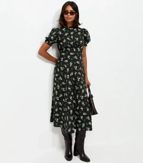 Women's Maternity Black Crepe Floral Print Short Sleeve Midi Dress
