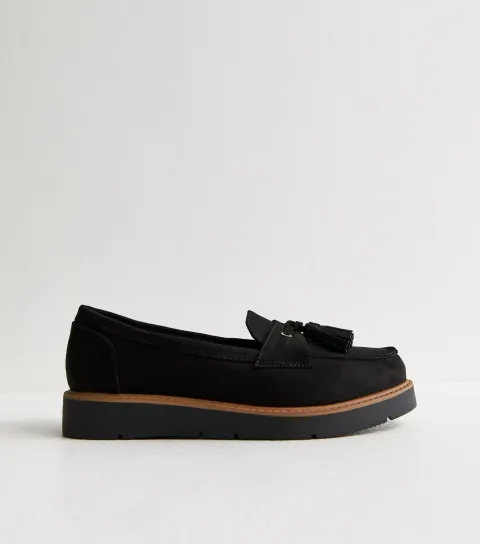 New Look Women's Wide Fit Black Faux Suede Flatform Loafers Vegan