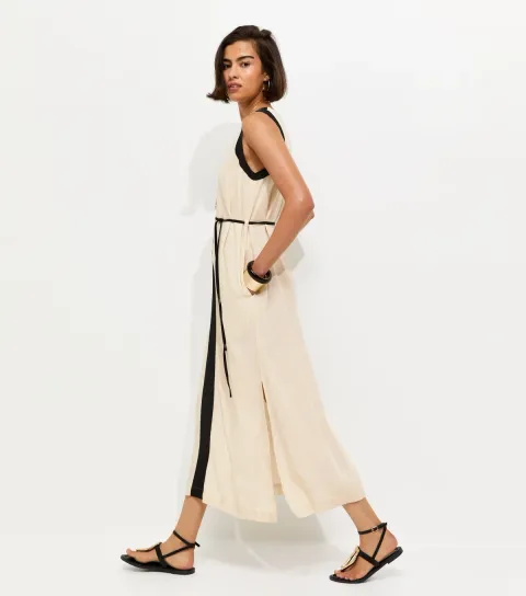Women's Cream Contrast Trim Column Midi Dress