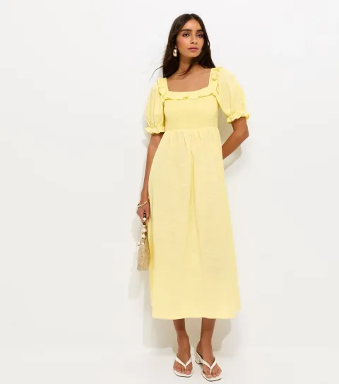 Women's Light Yellow Short Sleeve Shirred Frill Midi Dress