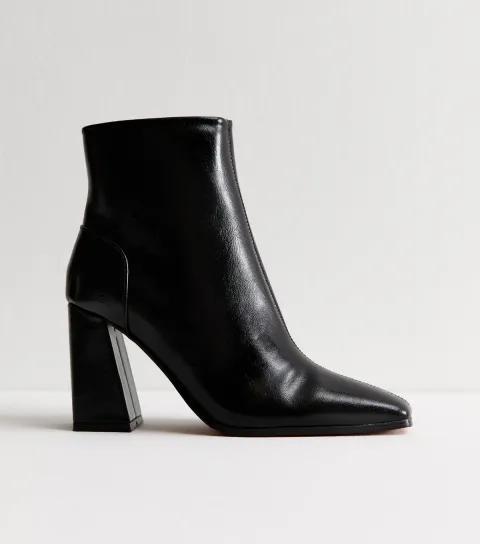 Women's Black Faux Leather Square Toe Ankle Boots Vegan
