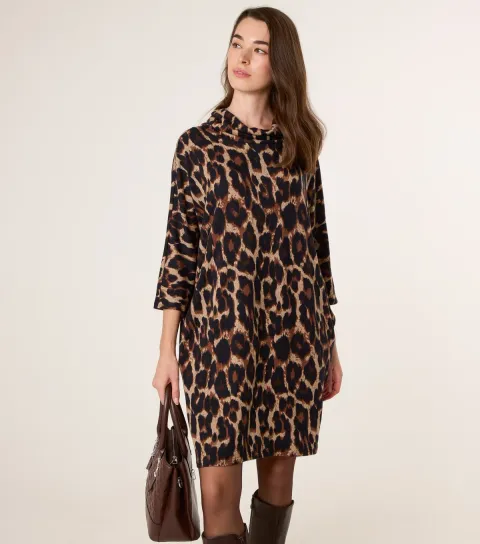 Women's Brown Animal Print Tunic Dress