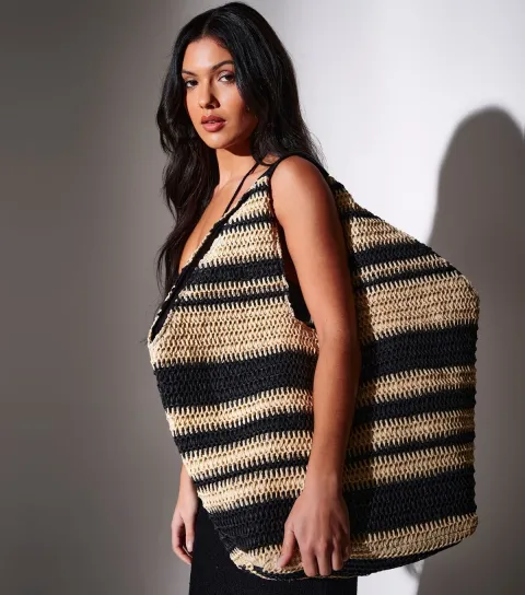Black Straw Stripe Oversized Bag