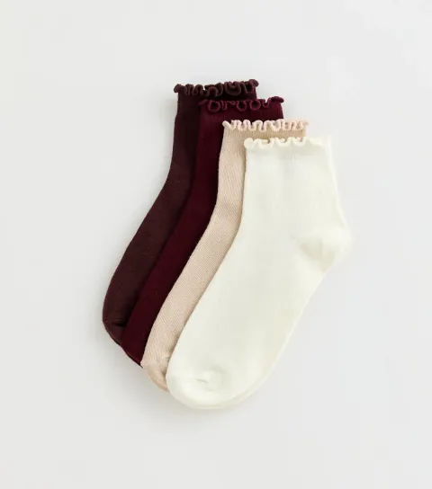 Pack of 4 Dark Burgundy Frill Trim Ankle Socks