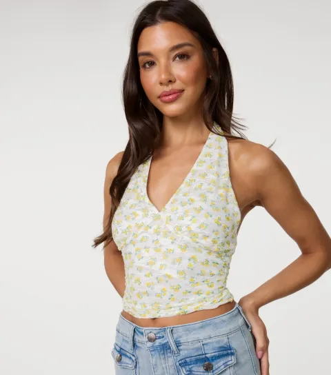 Women's Light Yellow Floral Halterneck Top