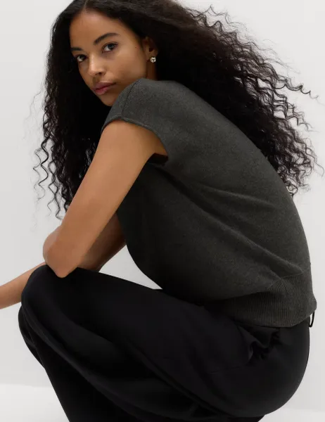 Marks & Spencer Draped Neck Knitted Top with Wool Charcoal