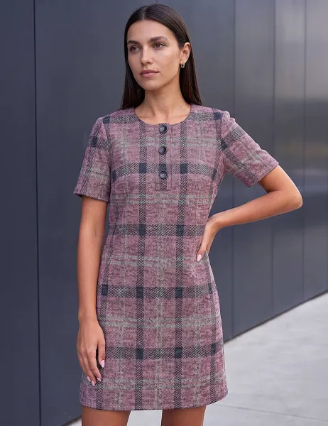 Roman Checked Button Shift Dress Dusky Rose
