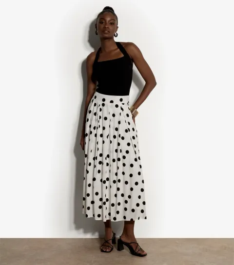 Women's White Polka Dot Midi Skirt