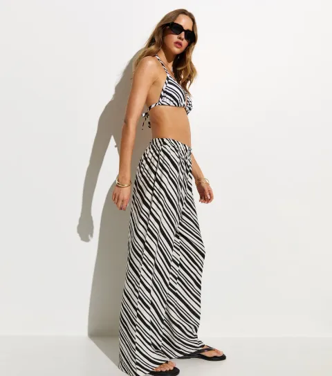 Women's Black Striped Wide Leg Beach Trousers