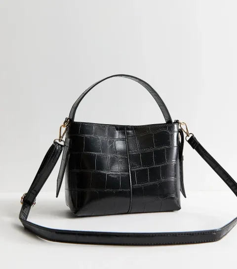 New Look Black Faux Leather Crocodile Embossed Buckle Detail Shoulder Bag