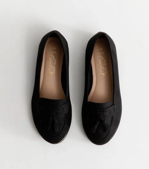 Women's Wide Fit Black Faux Suede Tassel Loafers Vegan