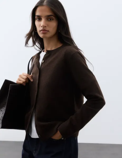 Autograph Pure Cashmere Crew Neck Button Front Cardigan Bitter Chocolate
