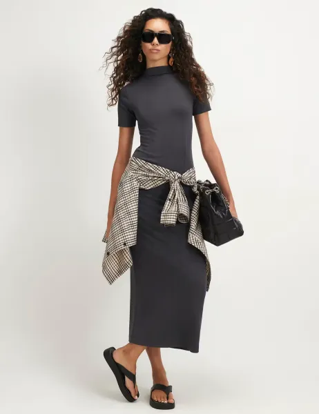 River Island High Neck Midi Bodycon Dress Dark Grey